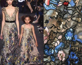 High Quality!! 1 Yard Multicolor Sequin Fabric,Wedding Bridal Dress Fabric,Fahion Show Flower Sequin Lace Fabric,Embroidery Evening Dress