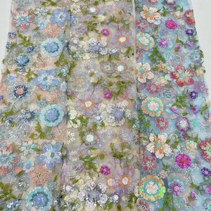 3D Floral Sequin Bead Lace Fabric,Colorful Sequin&Bead Pearls Flower Dress Fabric,Embroidery Multi Color Lace, Prom Party Wedding Dress Veil