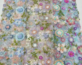 3D Floral Sequin Bead Lace Fabric,Colorful Sequin&Bead Pearls Flower Dress Fabric,Embroidery Multi Color Lace, Prom Party Wedding Dress Veil