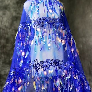 1Yard 3D Fringe Sequin Fabric,Iridescent Royal Blue Tassel Fabric,Latin Dress Fabric,Girl Dress,Sequin Lace