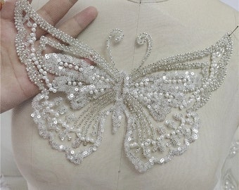 1PC Off-White Butterfly Beaded Lace Applique,Lace Fabric,Wedding Dress Applique,Bridal Dress,Beaded Lace FabricWedding Dress,Prom Dress