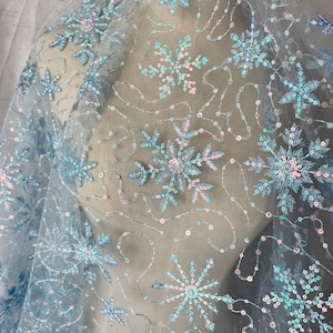 Blue Snowflake Sequin Lace Fabric,Embroidery in Soft Tulle for Cocktail Dress,Gowns,Masquerade,Prom Bridesmaid Dress,Elsa Dress,Veil Cape