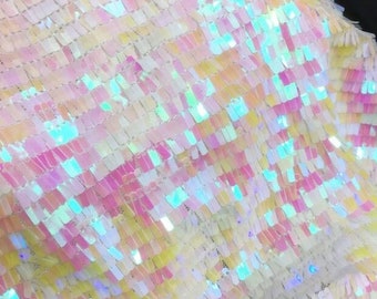 New!! 1 Yard Unicorn Iridescent Pink Sequin Fabric,Baby Pink Rectangular Sequins on Mesh for Dress Costumes,Holographic Sequin Fabric,