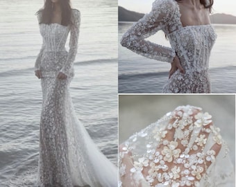 1 Yard 3D Flower Beaded Lace Fabric,White Pearl Wedding Dress,Off White Flower Embroidery Bridal Wedding Dress Lace,Floral Lace Fabric