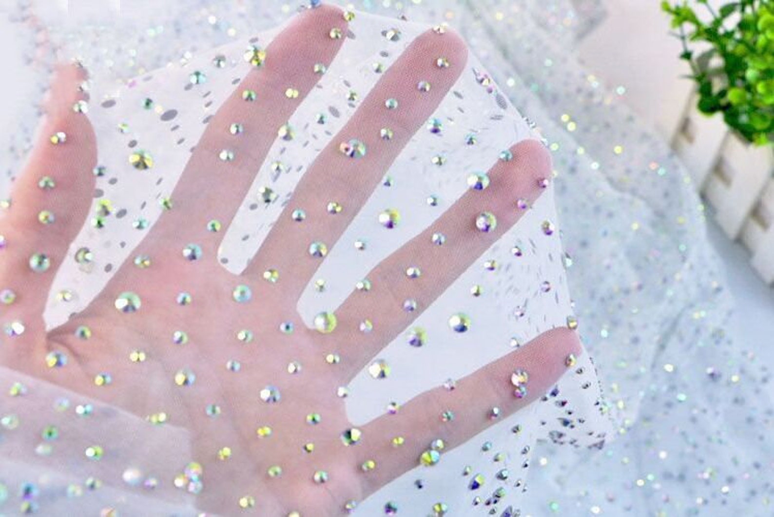 White Rhinestone Mesh Iridescent Rainbow Rhinestone Mesh Fabric,rhinestone Stick on Soft off ...