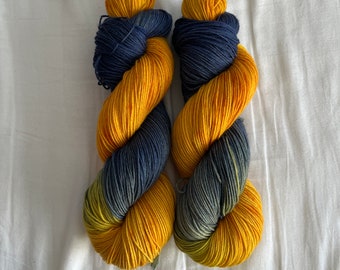 Hand Dyed 4 Ply Sock Yarn 70/30 Superwash Merino/Nylon Blend Dip Dyed in Shades of Orange, Yellow, and Navy Blue (Ready to Ship!)