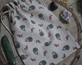 Linen eco print nature tarot or oracle bag with unique print fern, berries tarot, herbs, stones, bag, green witch gift forest