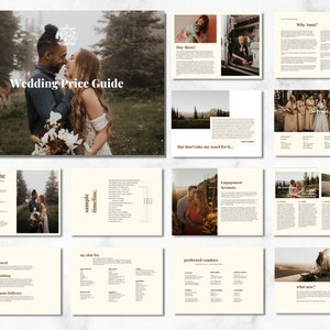 May include: A wedding price guide with a sample timeline, a la carte pricing, and preferred vendors. The guide features photos of a couple in a forest setting.