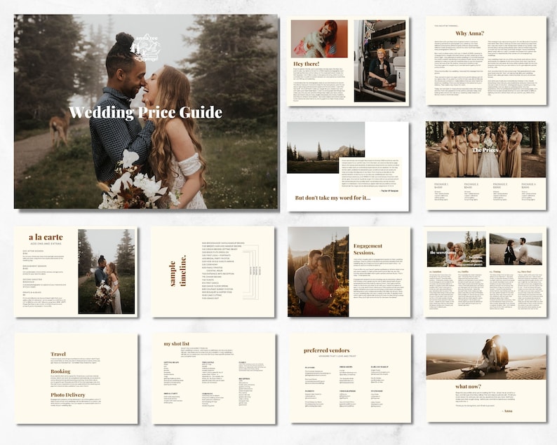 May include: A wedding price guide with a sample timeline, a la carte pricing, and preferred vendors. The guide features photos of a couple in a forest setting.