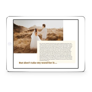 May include: A couple poses for a wedding photo in a field of tall grass. The bride is wearing a white wedding dress and the groom is wearing a light blue shirt and dark pants. The text "But don't take my word for it..." is at the bottom of the image.