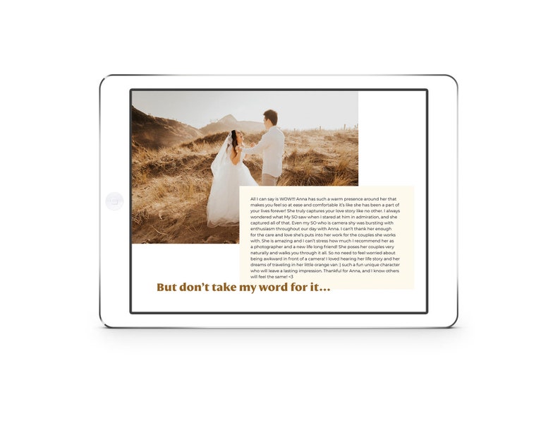 May include: A couple poses for a wedding photo in a field of tall grass. The bride is wearing a white wedding dress and the groom is wearing a light blue shirt and dark pants. The text "But don't take my word for it..." is at the bottom of the image.