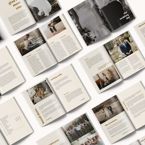 以下が含まれることがあります： 写真とテキストが掲載された、開かれたウェディング雑誌のコレクション。雑誌には、婚約セッション、結婚式当日、お気に入りのベンダーに関するセクションがあります。配色は、写真とテキストを組み合わせたニュートラルな色合いです。