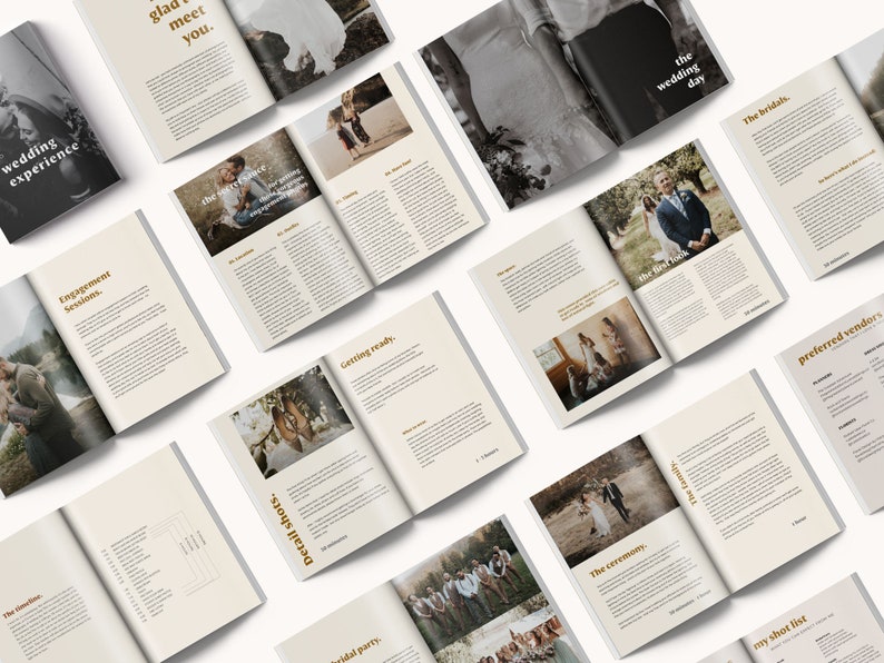 以下が含まれることがあります： 写真とテキストが掲載された、開かれたウェディング雑誌のコレクション。雑誌には、婚約セッション、結婚式当日、お気に入りのベンダーに関するセクションがあります。配色は、写真とテキストを組み合わせたニュートラルな色合いです。