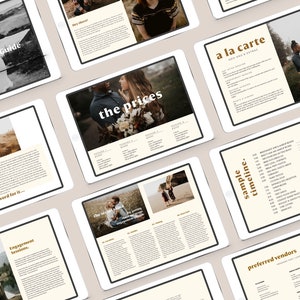 May include: A digital wedding price guide with images of couples and text that reads "Wedding Price Guide", "But don't take my word for it...", "Engagement Sessions", "the prices", "a la carte", "sample timeline", and "preferred vendors".