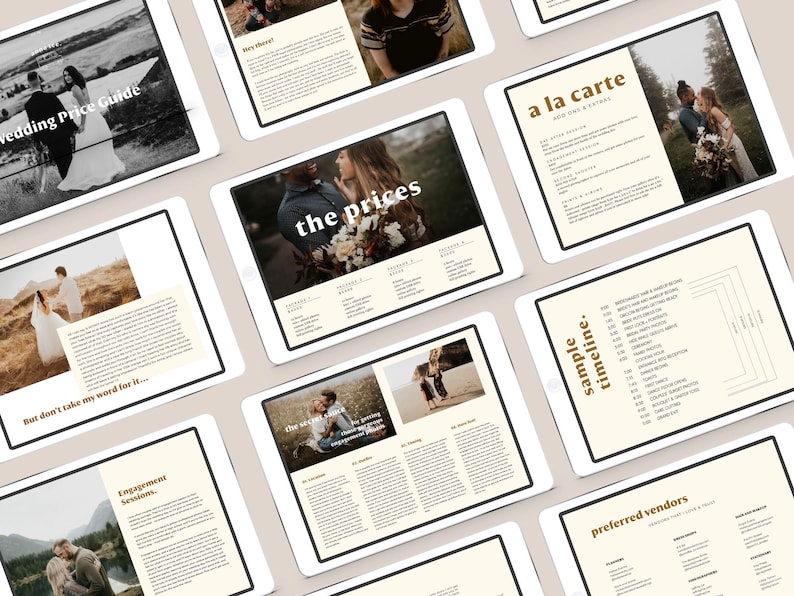 May include: A digital wedding price guide with images of couples and text that reads "Wedding Price Guide", "But don't take my word for it...", "Engagement Sessions", "the prices", "a la carte", "sample timeline", and "preferred vendors".