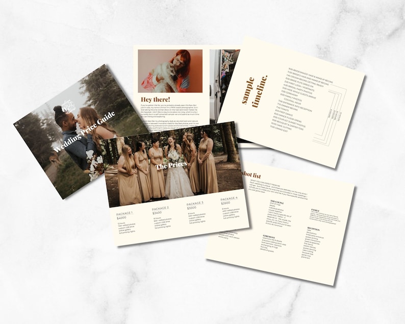 May include: A wedding photography price guide with a sample timeline and shot list. The guide includes three different packages with varying prices and services. The guide also includes a sample timeline of a wedding day and a list of common wedding photography shots.