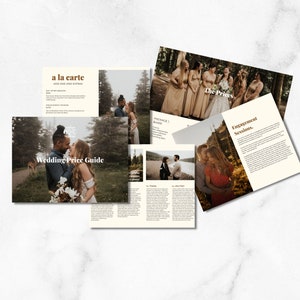 May include: A wedding price guide brochure with photos of couples in a forest and by a lake. The brochure includes pricing information for wedding packages and engagement sessions. The text on the brochure says "Wedding Price Guide" and "Engagement Sessions".