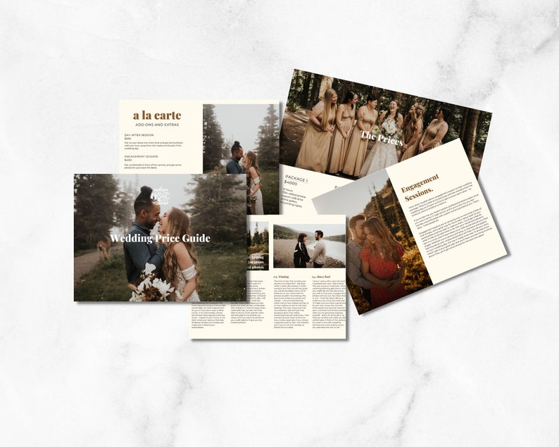 May include: A wedding price guide brochure with photos of couples in a forest and by a lake. The brochure includes pricing information for wedding packages and engagement sessions. The text on the brochure says "Wedding Price Guide" and "Engagement Sessions".