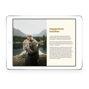 May include: A couple embraces in front of a lake and mountains. The text on the page reads "Engagement Sessions. I love when couples add an engagement session to their wedding package. They're a little bit of low-key fun and are a great way to get comfortable in front of the camera before the big day.  It gives you time to get to know each other, no pressure, and it's a great time to kick back and break the ice.  If you're like me, you haven't gotten professional photos taken since you were a senior in high school, and if you're like me, you feel horribly uncomfortable with a giant camera pointed at you. That's okay - most people do. Engagement sessions are an amazing way to overcome a little of that anxiety and a great way for me to learn about your style or personality. It's a great time to experiment with different poses and angles, and it's a good time to talk about what you're most afraid of in front of the camera.  It's a good time to get a feel for what angles, lighting, and poses you like best.  It's a good time to talk about your unique personality and how your best self shines.  It's a good time to practice your hand at all the posing, learning about your venue, the way it holds light, and the best spots to take photos.  It's a good time to be bold. It's already know which side is your good side, and you'll have one less thing to stress about.  Plus, you'll get some photos for the save-the-dates."