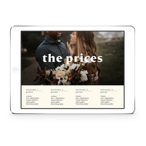 May include: A tablet screen displaying a website with the text "the prices" and four different photography packages with descriptions and prices. The packages are labeled "Package 1", "Package 2", "Package 3", and "Package 4".