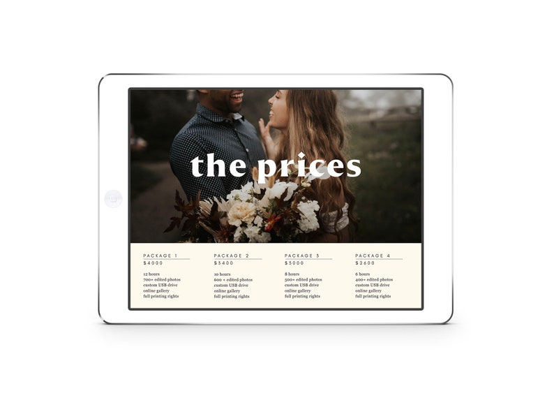 May include: A tablet screen displaying a website with the text "the prices" and four different photography packages with descriptions and prices. The packages are labeled "Package 1", "Package 2", "Package 3", and "Package 4".