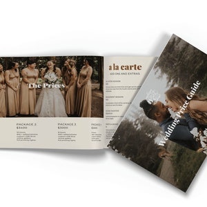 May include: A wedding price guide booklet with a brown cover and a photo of a couple embracing. The inside pages feature a price list for different wedding photography packages and a la carte options.