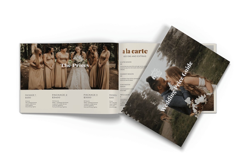 May include: A wedding price guide booklet with a brown cover and a photo of a couple embracing. The inside pages feature a price list for different wedding photography packages and a la carte options.
