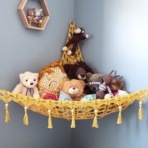 Toy hammock, stuffed animal storage, toy storage, boho nursery decor, baby shower gift, children bedroom decor yellow, corner hammock