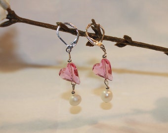 Pearl and Swarovski Heart Earrings