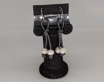 Double strand pearl and leather earrings