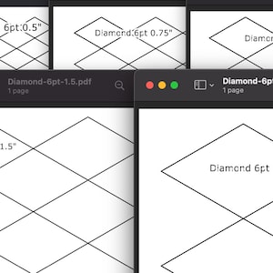May include: Four different PDF files showing diamond grid patterns with the text "Diamond 6pt" followed by the size of the grid in inches. The sizes are 0.5", 0.75", 1", 1.5", and 2".