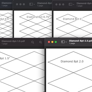 May include: Four computer screens displaying different PDF files of diamond patterns. The files are named "Diamond-8pt-1.5.pdf", "Diamond-8pt-1.0.pdf", "Diamond-8pt-2.0.pdf", and "Diamond-8pt.pdf". Each file shows a different size diamond pattern, with the text "Diamond 8pt" and the size of the pattern in inches.