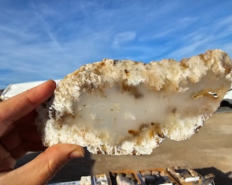 Op de afbeelding: Een hand houdt een gepolijste agaat schijf vast, met een natuurlijk patroon. De steen heeft een wit en doorschijnend midden, omringd door ingewikkelde, veervormige, crèmekleurige formaties. De buitenrand heeft een ruwe, getextureerde uitstraling, met hints van bruin en geel.