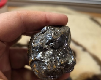 May include: A dark, irregularly shaped rock with a rough, textured surface. The rock has a metallic sheen with hints of orange and yellow. The object is held in a hand, with a ruler visible in the background.