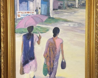 Figurative street scene oil canvas India women walking