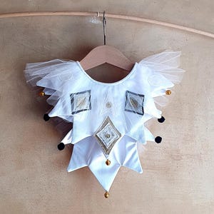 Clown Collar children, bells and pom pom medieval jester costume , white tulle ruffle collar, handmade rhombuses, circus elegant party bib