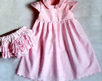 Candy Pink Eyelet Lace 2T Dress + Bloomers, Elegant Embroidered Cotton Set, Baby Girls' Spring-Summer Outfit Toddler girl cute outfit