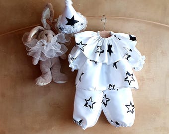 Disfraz de payaso para bebé, raro, vintage, de satén blanco con estrellas, para fiestas de cumpleaños de Halloween o carnaval, de 0 a 12 meses.