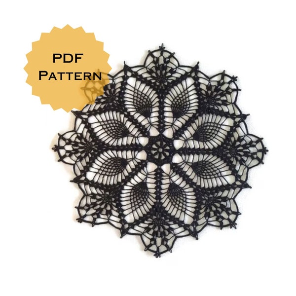 Diadema crochet doily PDF pattern, diagram tutorial, DIY black doily how-to, instant download.