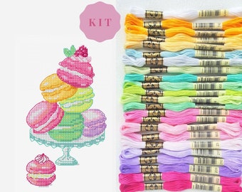 DMC Macaroons embroidery kit. All needed supplies to cross stitch this design in pastel colors: mouline floss, aida, hoop, needle. DIY decor