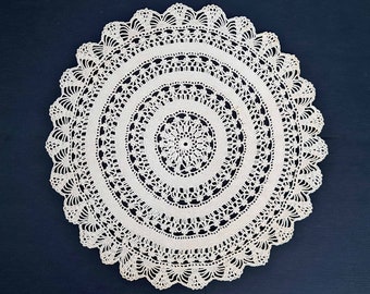 Round lace doily, crochet table topper, nightstand table cloth, fine thread rustic wedding table decor, bridal shower hostess gift.