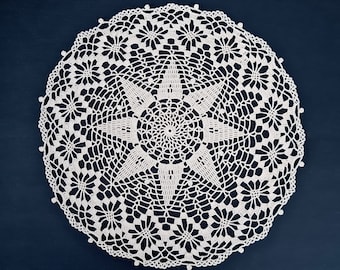 Ecru crochet doily, round centerpiece, nightstand doilies, 13 inch wedding table topper, lace French country home decor, bridal shower gift.