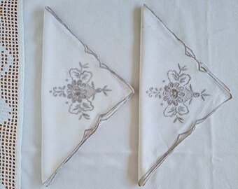 Set of 2 cream embroidered napkins with trimmed edges. Hostess gift, bridal shower wedding favor hankies. Tea table napkins, home decor.