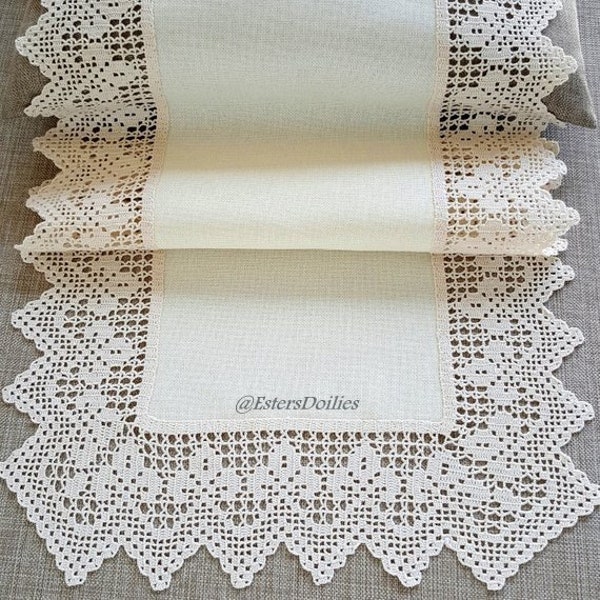 Linen table mat with hand crocheted lace border, fillet crochet trimed tablecloth, heirloom home decor, wide lace fine crochet edging doily