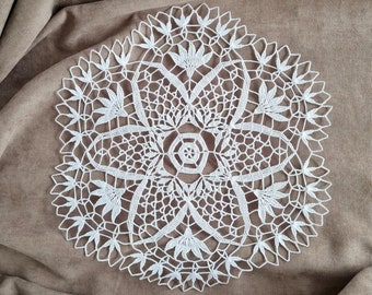Fine lace crochet doily, wedding table decor, thread crochet floral doily, white round lace table topper, 10" crochet centerpiece.