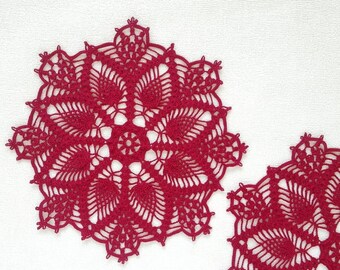 Burgundy crochet doily. Handmade lace table topper, round centerpiece. Thread crochet home decor, dreamcatcher doily 11 inches.