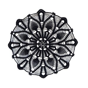 Black crochet table topper, Halloween round centerpiece, 11" dreamcatcher lace doily, gothic themed party decor, handmade pineapple doily.