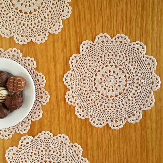 Beige crochet doily round doilies set 6.7 wedding table Etsy