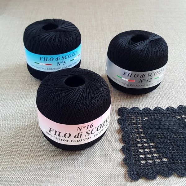 Black crochet thread Titan Wool Filo di Scozia size 5 or 12.  50 gr mercerized cotton supply for handicrafts.