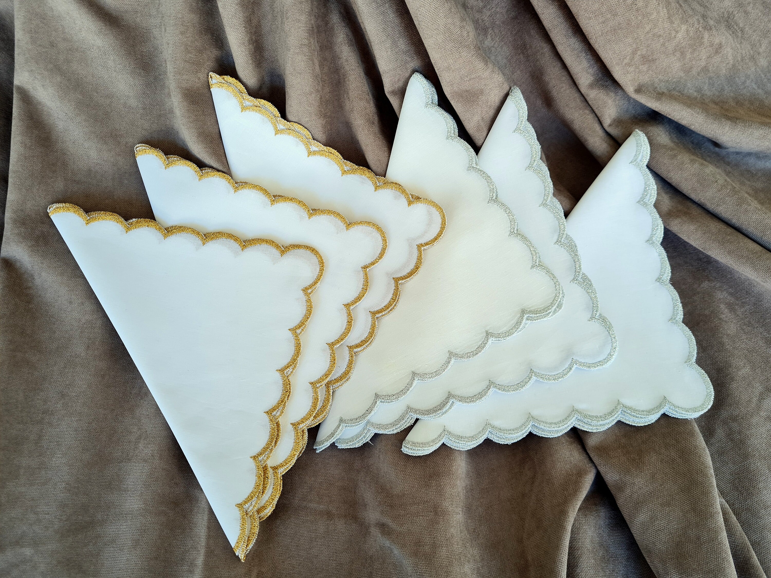 White napkins with scalloped edges gold and silver trimmed. Etsy